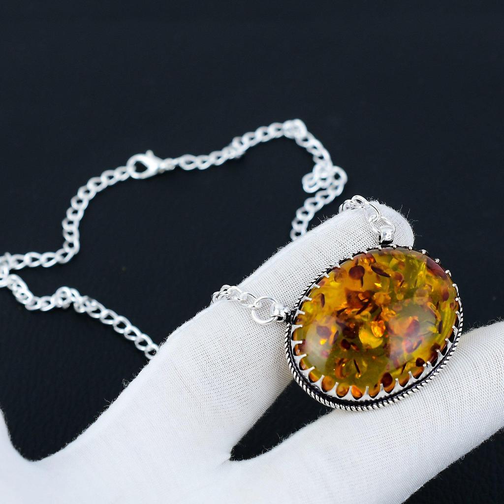 Baltic Amber Gemstone Jewelry Necklace, Baltic Amber 925 Sterling Silver Charm Necklace For Wedding Gift, Baltic Amber Necklace For Women