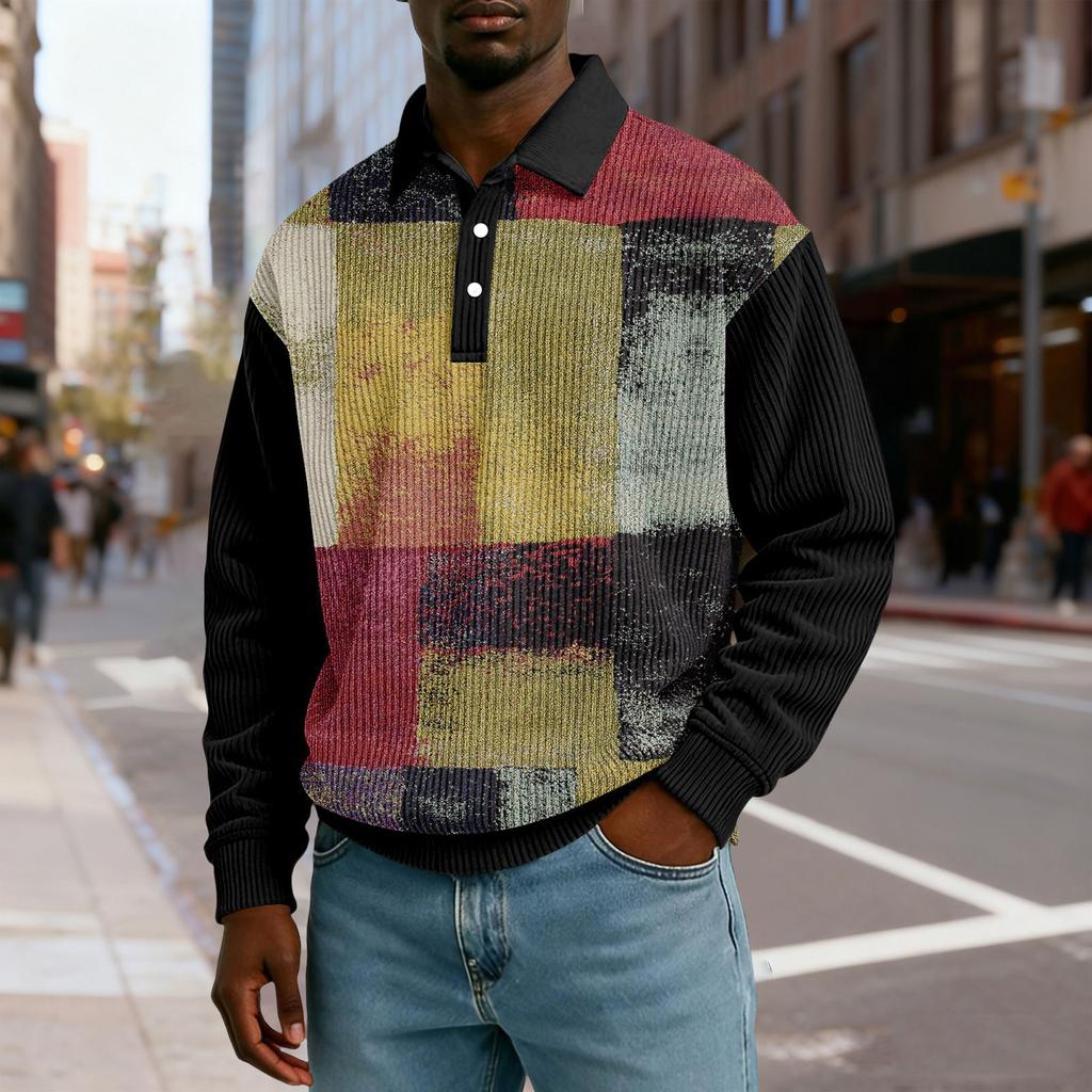 Herren Lässig Locker sitzend Oberteil Knopfleiste Kragen mit Knöpfen Lange Ärmel