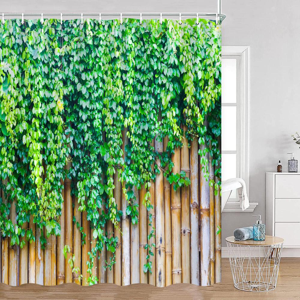 Green Vines Wall Shower Curtains Green Plants Greenery Bathroom Decorations Vintage Landscape Polyester Bath Curtains With Hooks