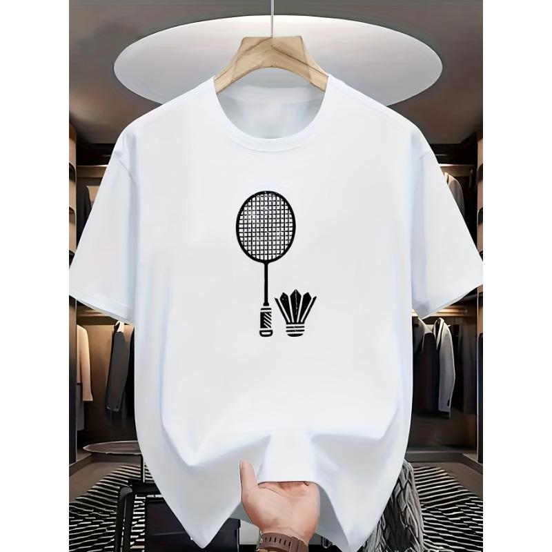 European Sizes This Is a Round-Neck Short-Sleeve T-Shirt Featuring a Print of a White Badminton Racket And Shuttlecock On The Front