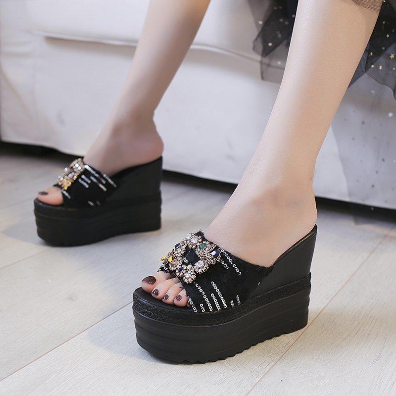 Kristall-Plateau-Slipper Damen Sommer Plateau-Keil-Slipper Damen Sandalen High Heels Slipper Strand-Slides Damen Designer 11cm