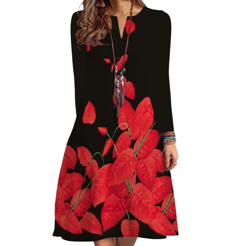 Women's Spring/summer Print Long-sleeved Dress V-neck Loose Swing Long-sleeved Mid-length Dress