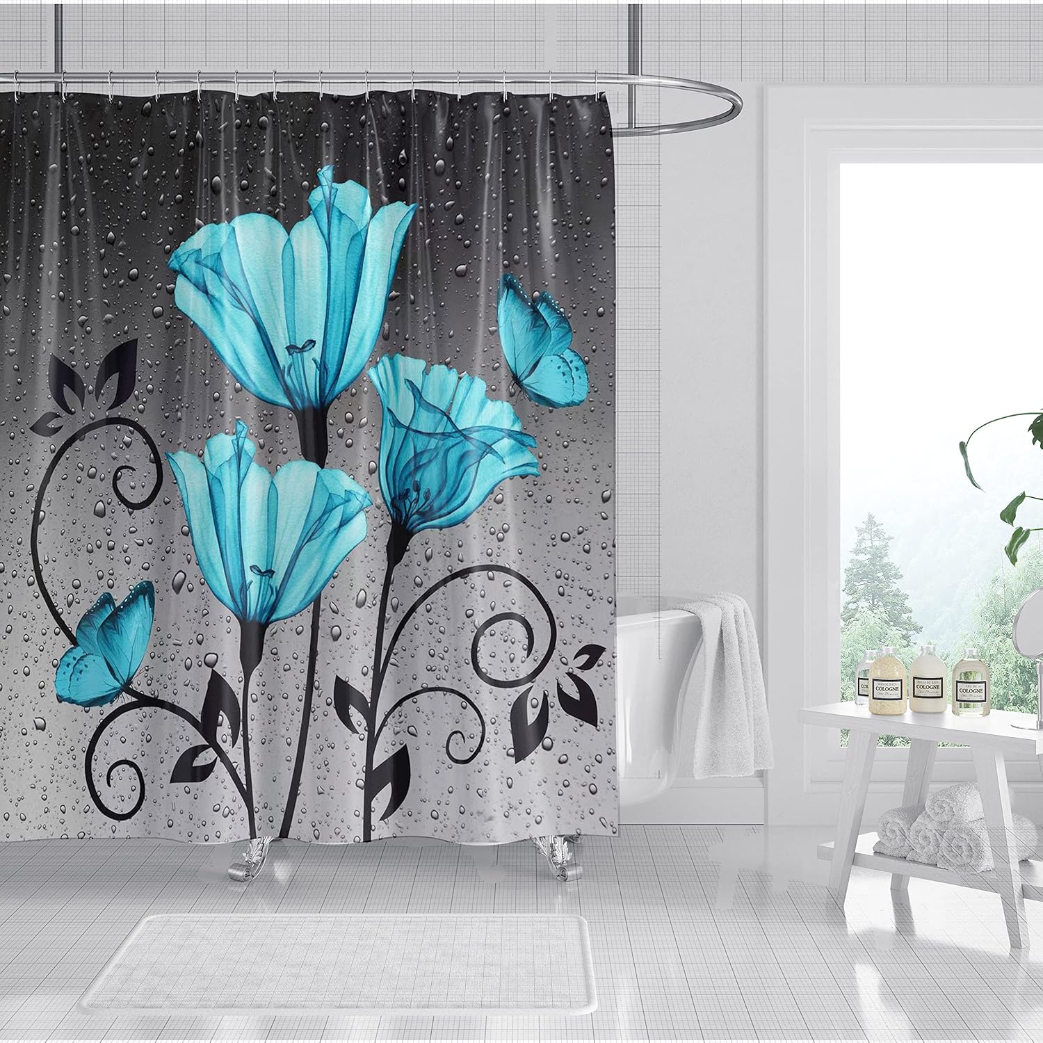 Cute Blue Flower And Butterfly Shower Curtain Modern Design Bathroom Decor Elegant Theme Waterproof Bath Curtain 90x180CM