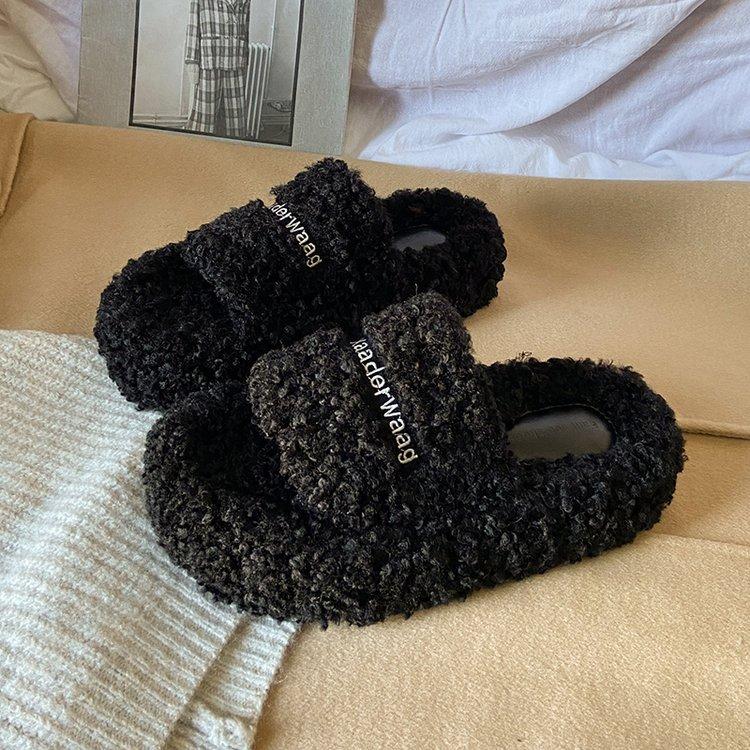 Internet celebrities thick-soled teddy curled wool shoes women's shoes wear new autumn and winter plush one-word cotton slippers