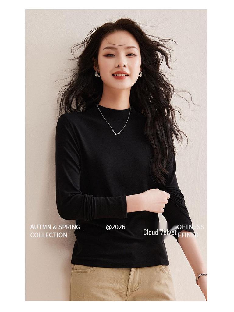 Women’s Tencel Wool Long Sleeve Stand Collar T-Shirt, Spring 2026, Thin White Base Layer, Set-in Shoulders