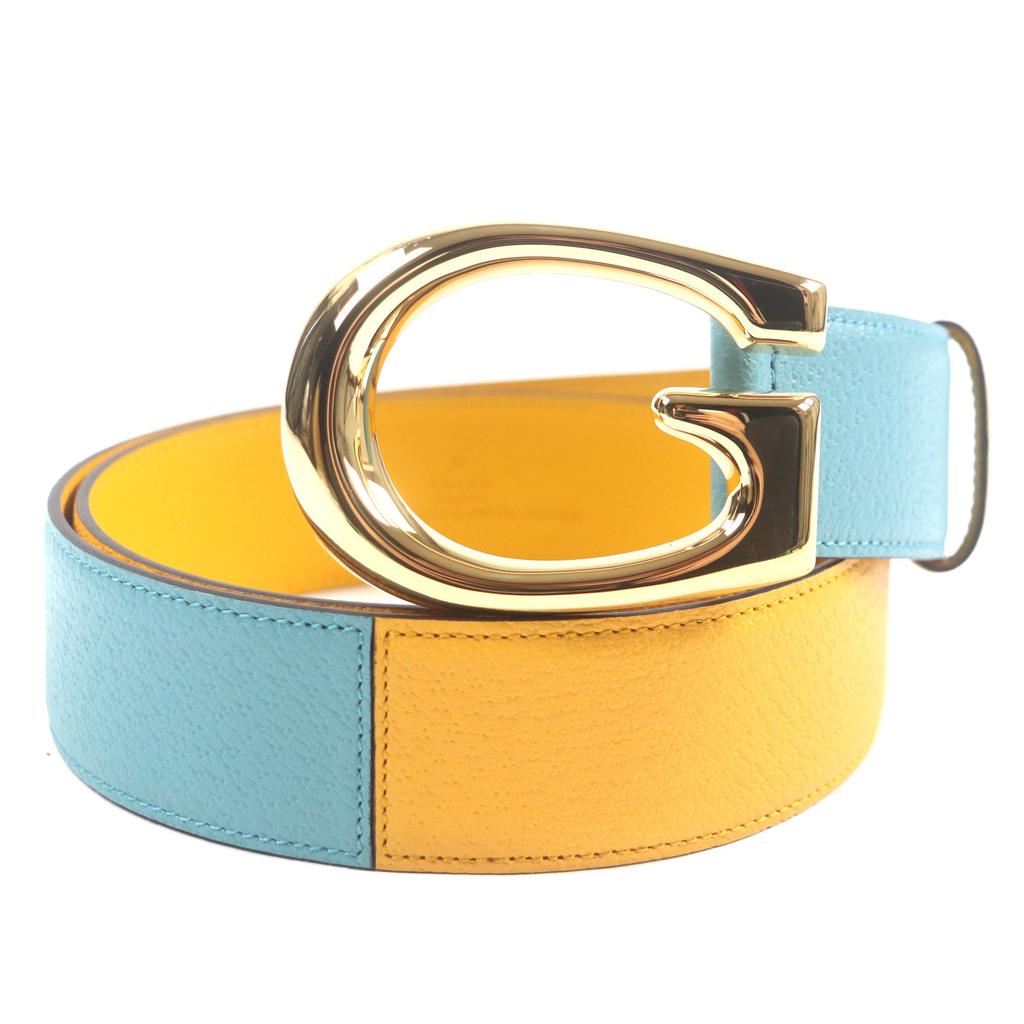 Excellent GUCCI Belt G Logo Buckle Leather Yellow Blue Leather Mens 709954 Used