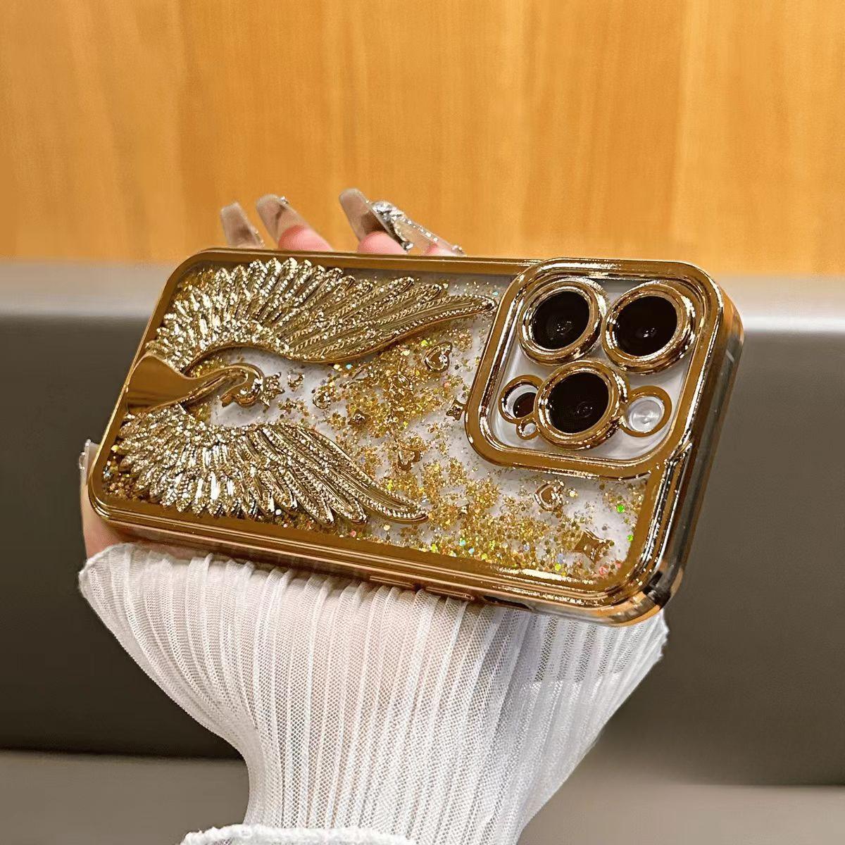 

Чехол для мобильного телефона с трехмерным изображением лебедя Quicksand, подходящий для iPhone 16pro, защитный чехол для Apple 15max, чехол 14plus iPhone13Pro золотой