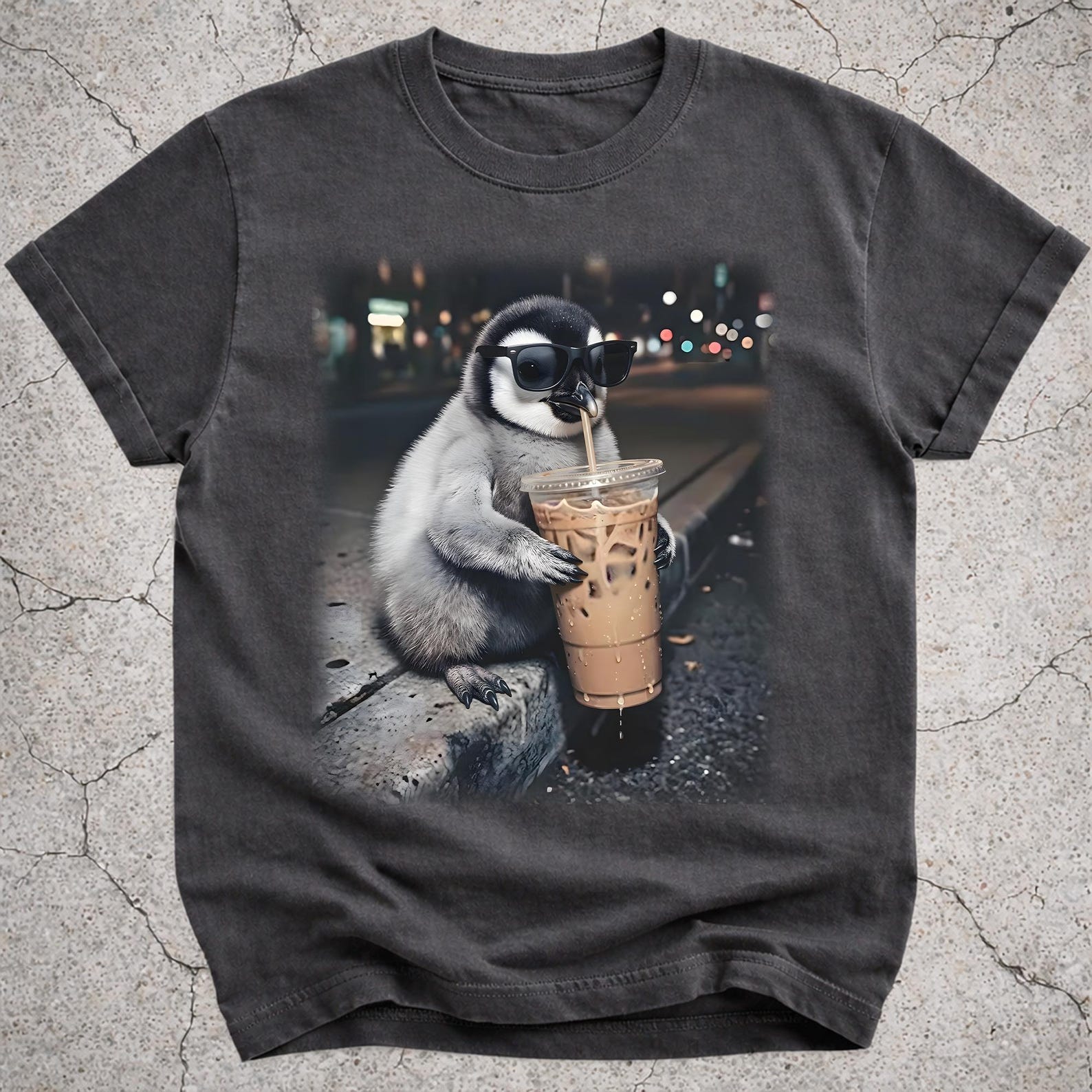 Funny Penguin Drinking Iced Coffee Shirt, Animal Meme Graphic Tee, Coffee Lover Gift S