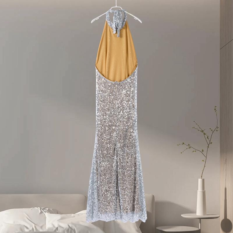 Shiny Sequin Backless Maxi Dress Women Sexy Halter Backless Lace Up Hip Package Mermaid Dresses 2025 Summer Beach Vacation Robes
