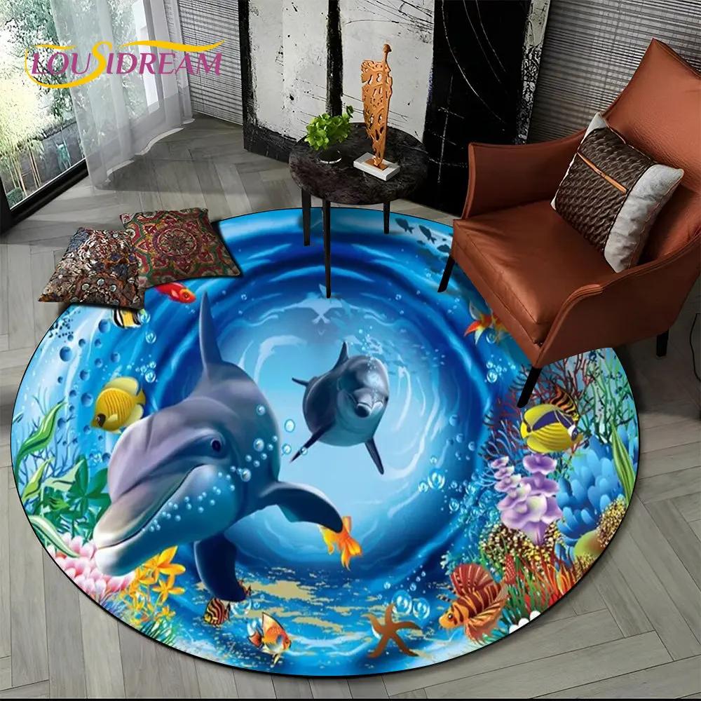 3D Seabed Illusion Underwater World Dolphin Round Area Rug,Carpet for Living Room Bedroom Sofa Playroom Decor,Non-slip Floor Mat