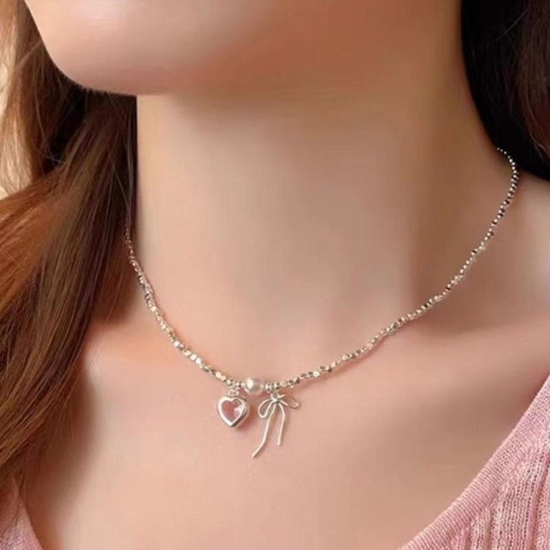 Stylish Ribbon Choker Necklace with Lovely Bowknot Tie Pendant and Gemstones Portable for Fashionable Occasions