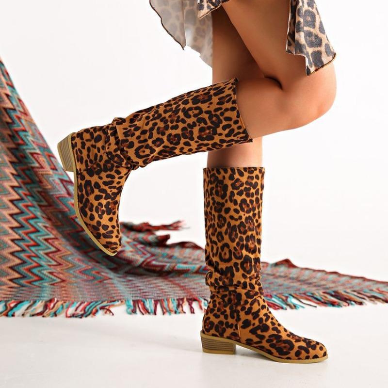 Large size leopard print tall tube but knee fashion boots autumn and winter square and round head women's boots