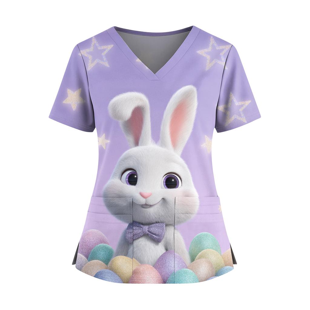 Women's Easter Print V-Neck Double Pocket Short Sleeve  Uniform Top With Slit Hem