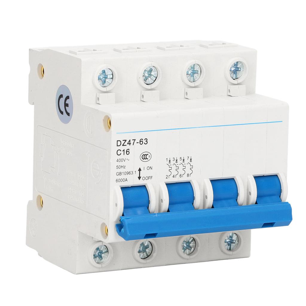 4P Miniature Circuit Breaker DIN Rail Mount Low Voltage Air Switch AC 400V 16A DZ47‑63 C16
