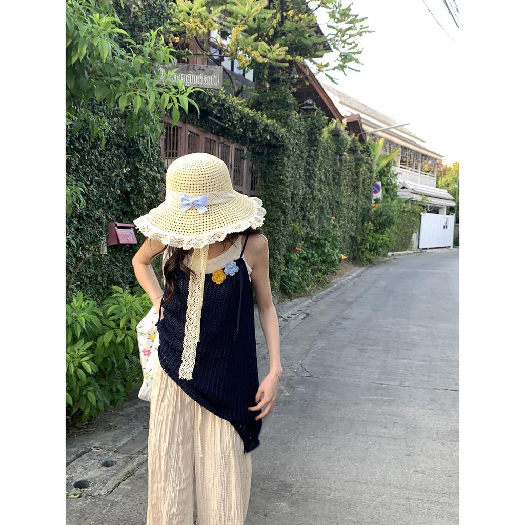 Chic Straw Beige Sun Hat With Beautiful Bow And Lace Edging Casual Wear Spring