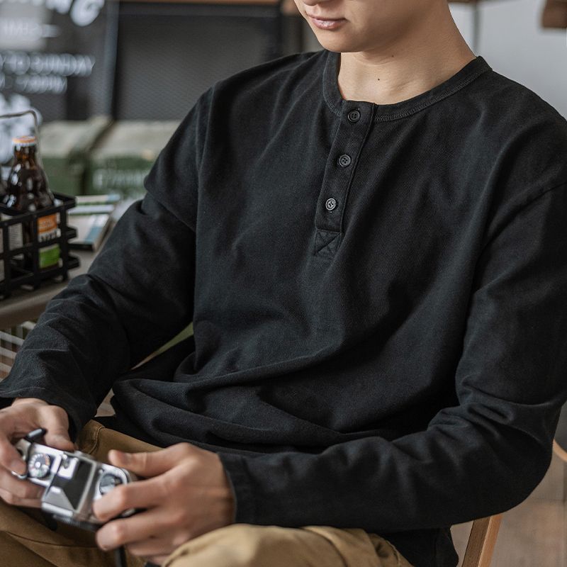 

Мужская футболка хенли в американском ретро-стиле, весенне-осенняя, большого размера, свободная, с открытым воротником, с длинным рукавом, базовая XXXL чёрный