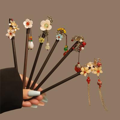 Chinese Style Wood Hair Stick for Women Girl Retro Tassel Resin Flower Hairpins Hanfu Cheongsam Headwear Hair Accessories