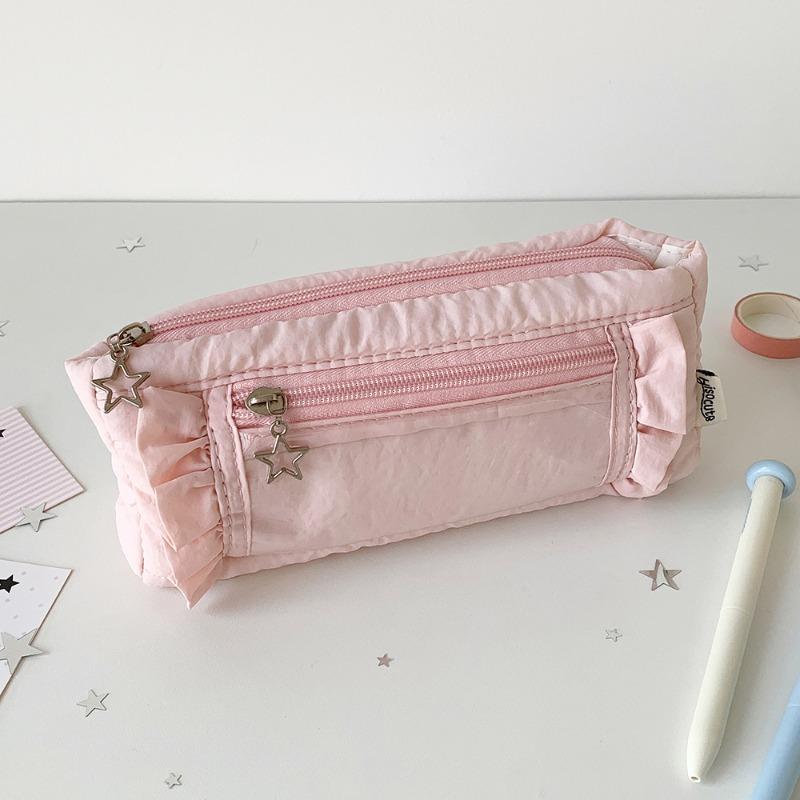 Ins Casual Style Ruffle Pencil Case Aesthetic Multi-Layer Large Capacity Stationery Organizer for School Simplicity Pen Bag