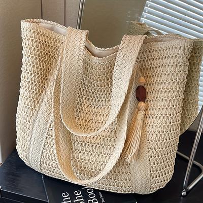 Women'S Fashion Solid Color Shoulder Bag Stylish Beach Tote Woven Texture Bag Daily Outings, Shopping, Commuting, School Bag