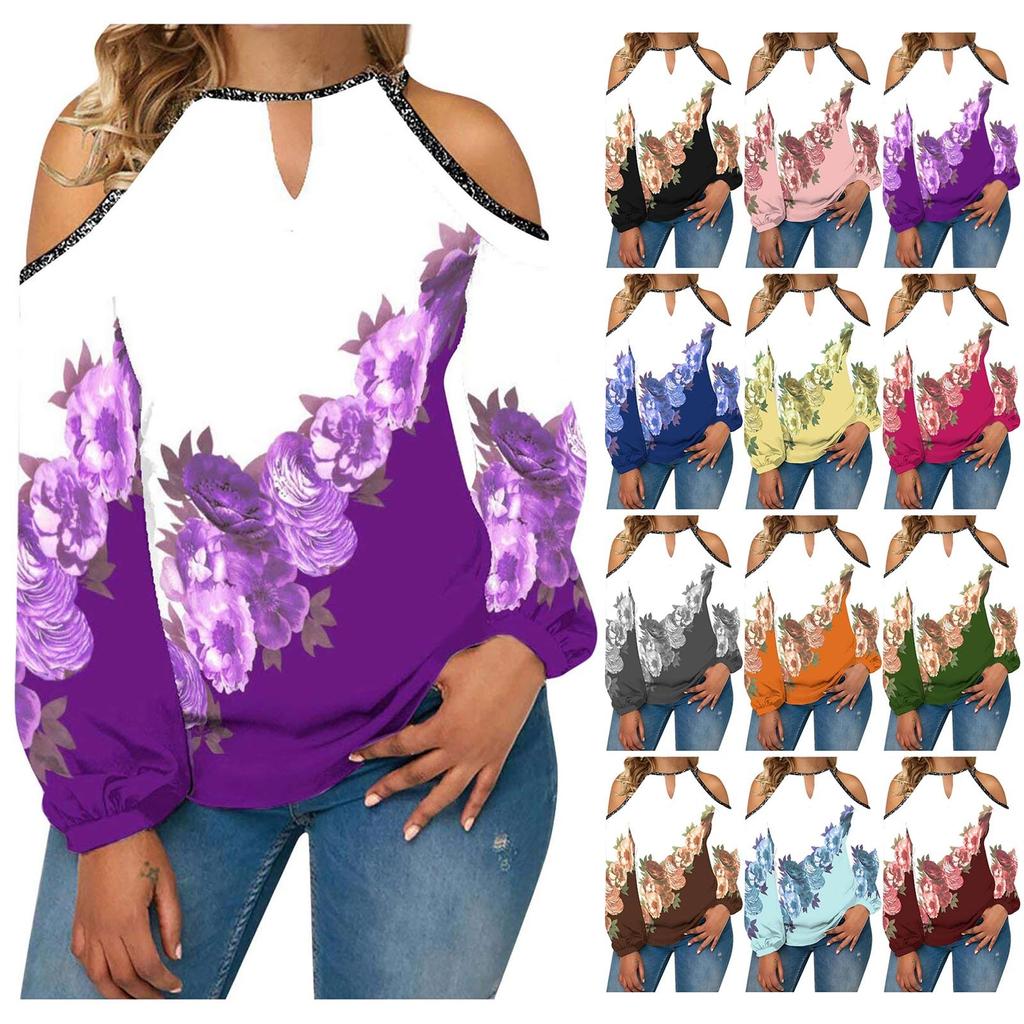 Women's Fashion Casual Temperament Flower Round Neck Off-shoulder Matching Color Long Sleeve T-shirt Top