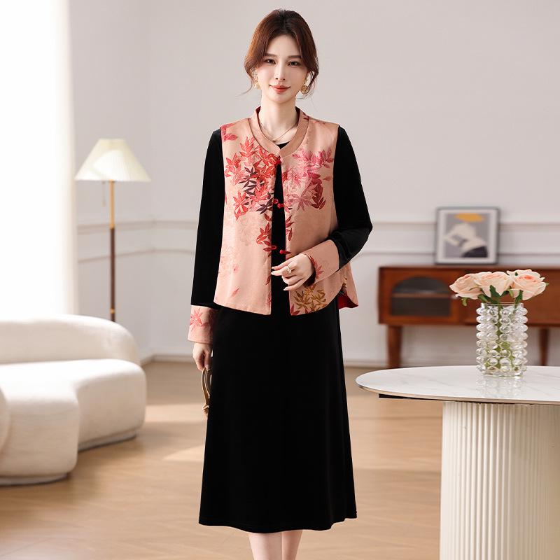 

Elegant Chinese Style Wide-Legged Dress and Vest Set for Middle-Aged and Elderly Women 4XL (68-73 kg) оранжевый/красный