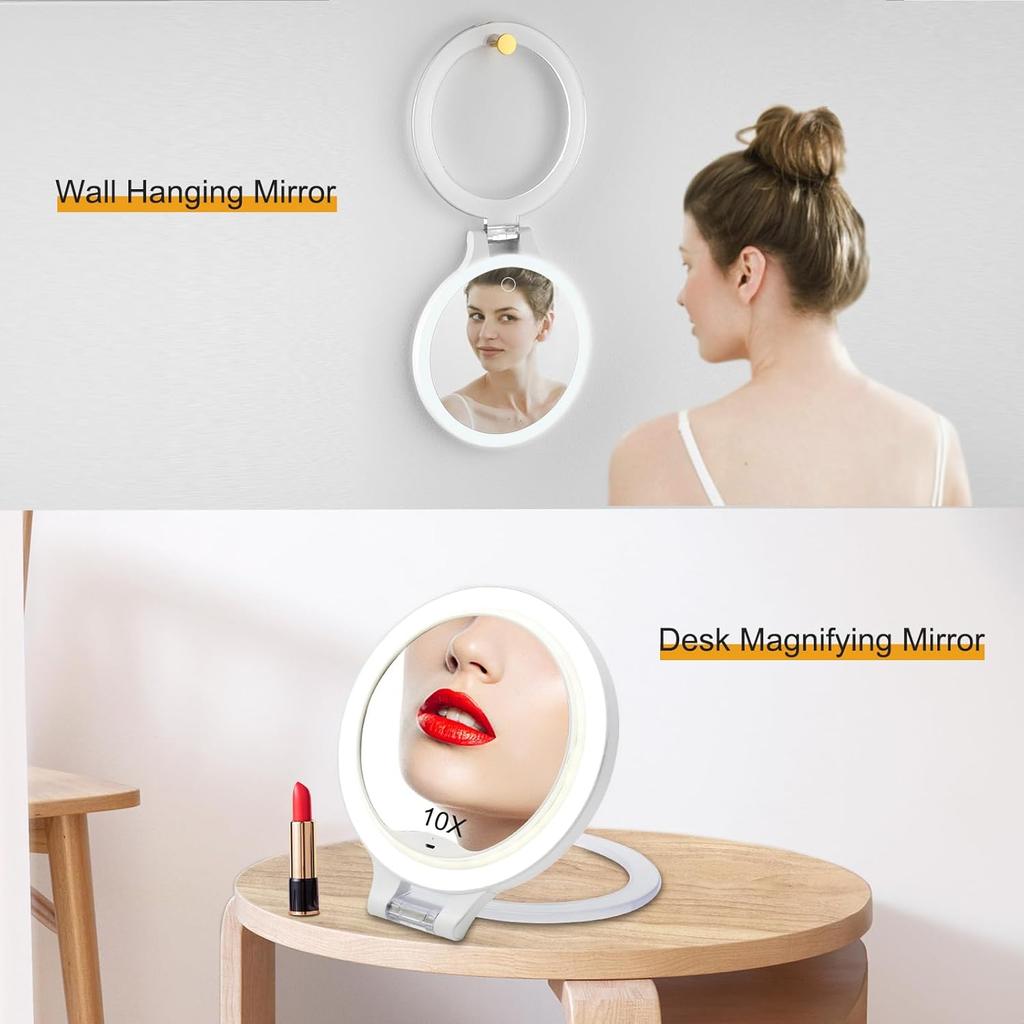 Rechargeable Magnifying Makeup Mirror 10X/1X Double Sided Lighted Travel Makeup Mirror with 3 Color Light Adjustable Rotation, LED Vanity Tabletop