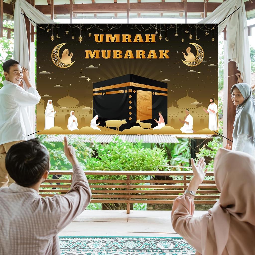 Umrah Mubarak Banner, 59×35 Inch Large Photo Booth Ramadan Mubarak Banner, Hajj Kaaba Background Ramadan Decorations for Home lslamic Muslim Eid