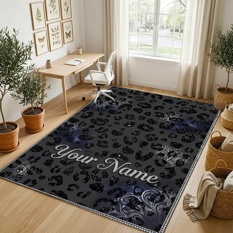 Leopard Ornate Theme Soft Crystal Velvet Rug Custom Name & Text Print Non Slip Floor Rug for Bedroom Living Room
