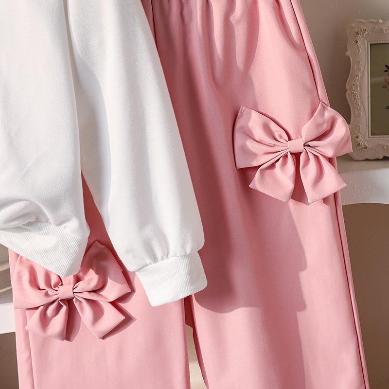 Girls' Fashion Set Autumn Children's Sweet Bow Pink Work Pants Letter Long-sleeved Sweatshirt