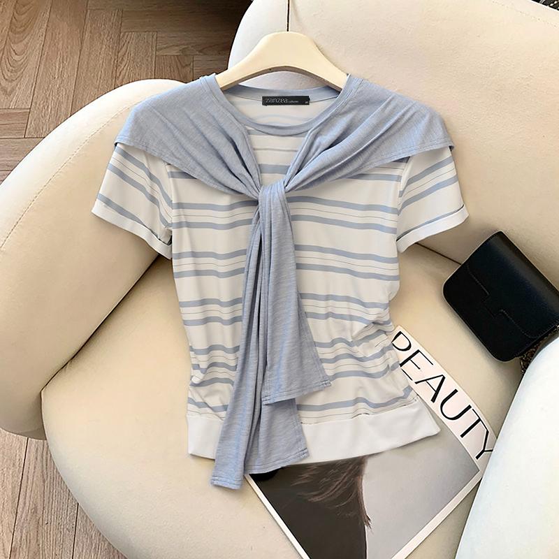 ZANZEA Women Casual Round Neck Short Sleeve Patchwork Stripe T-Shirt