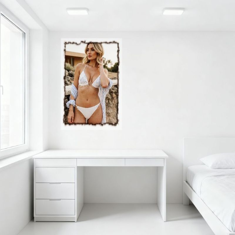 Sexy Blonde Woman Wavy Hair White Bikini Rocky Terrain Beige Building Blue Striped Shawl Metal Tin Sign Vintage Poster for Bar P
