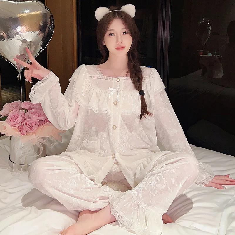 Set pijamale pentru femei din catifea cu mânecă lungă din dantelă dulce prințesă stil palat haine de dormit acasă îmbrăcăminte lejeră ocazional pijama din velur