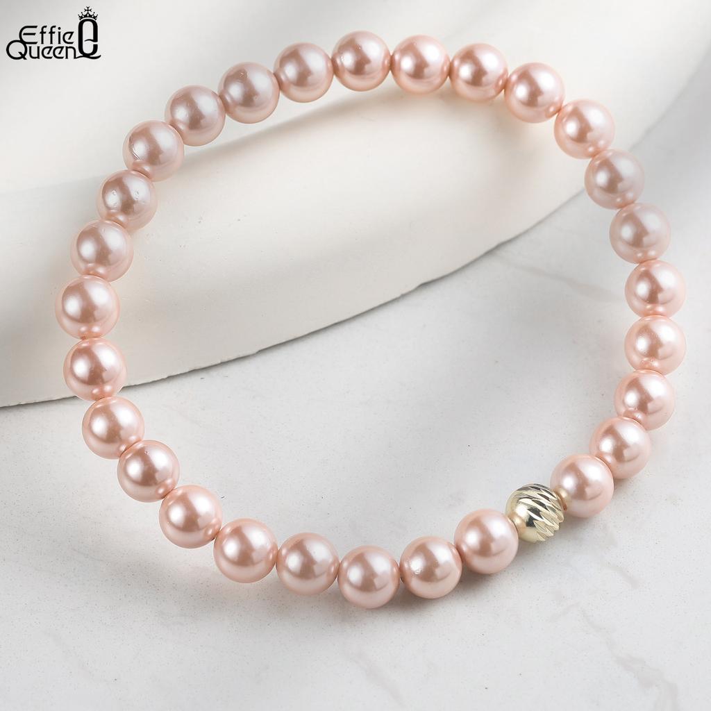 EFFIE QUEEN 100% S925 Silver 14k Gold Round Shaped Shell Pearl Pink, Purple and Multi-Color Simple Jewelry for Women Gift PSB09