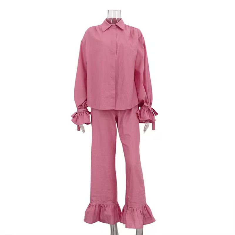 

Западный стиль Новая мода Повседневный комплект с оборками Рубашки Брюки с высокой талией Комплект рубашки и брюк Pink L