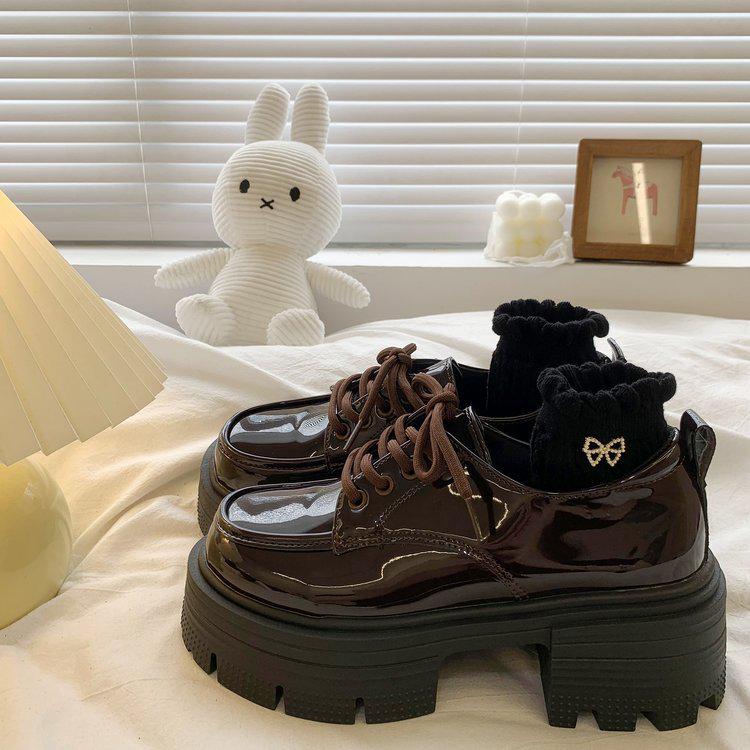 Women's Spring 2025 British-Style Patent Leather Loafers: High Chunky Heel, Thick Sole, Lace-Up, Round Toe.