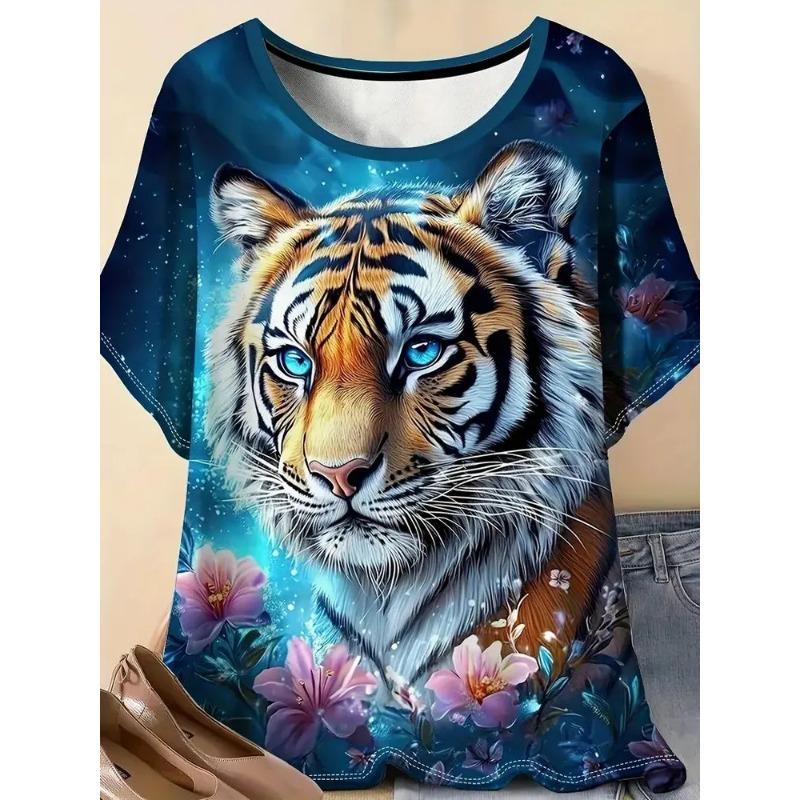 3D Printed Women's Round Neck Tiger Pattern T-shirt Multifunctional Summer Fresh Women's Version T-shirt Breathable Machine Wash Outdoor Top