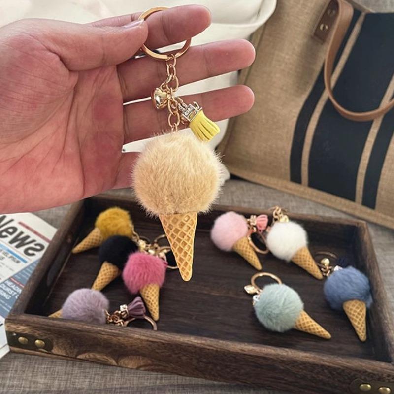 1Pcs Plush Pompom Pendant Keyring Holder New Ice Cream Keychains For Women Men Charm Bag Decoration Jewelry Gifts