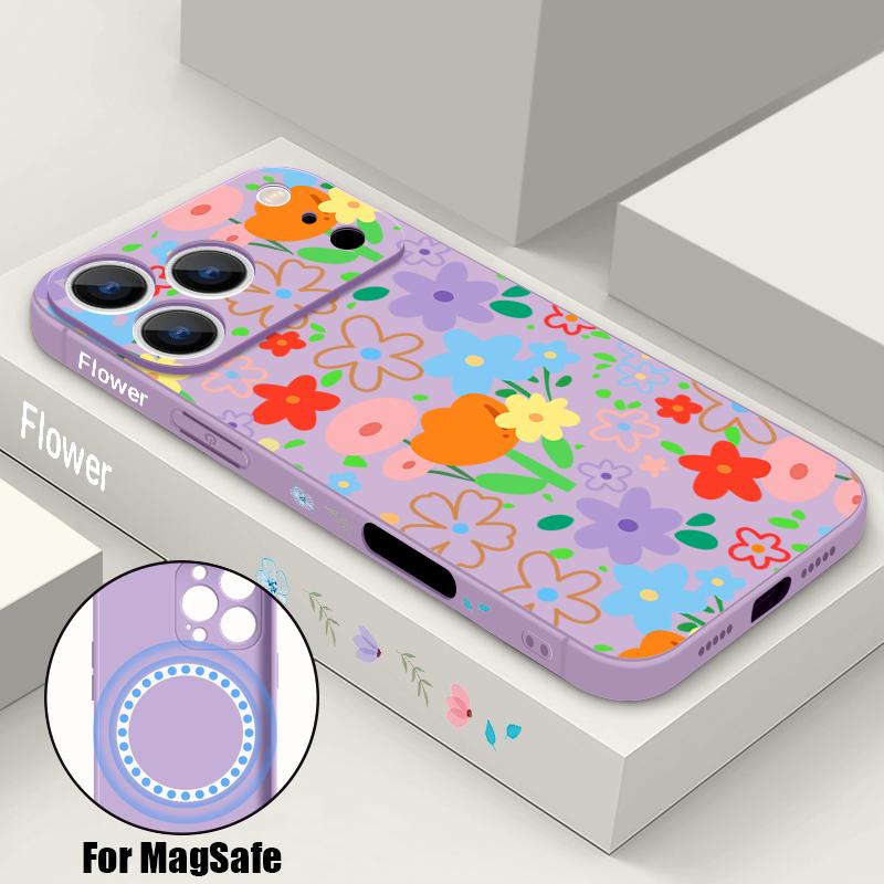 

White Flower Case For iPhone 17 Pro Max iPhone 16 15 14 13 Pro Max Magnetic For Magsafe Soft Silicone Phone Back Cover iPhone 13 Pro Max фіолетовий