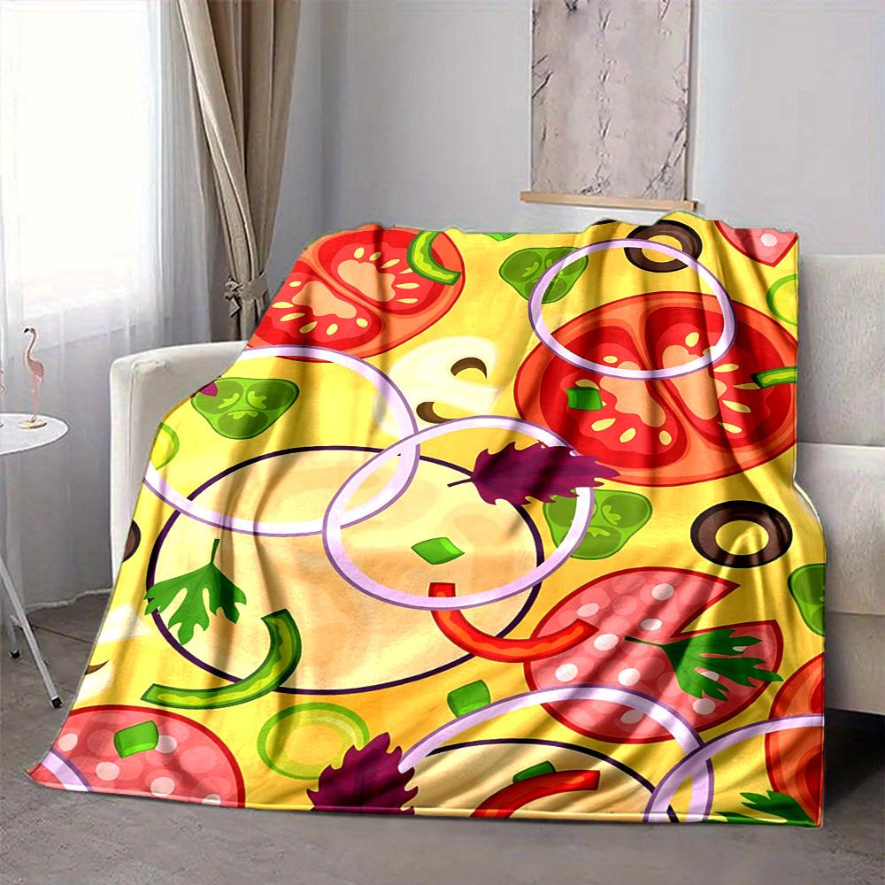 1pc Pizza Ingredients Print Blanket   Lightweight Flannel Throw Blanket For Sofa, Bed, Living Room, Office, Outdoor Travel, Camping