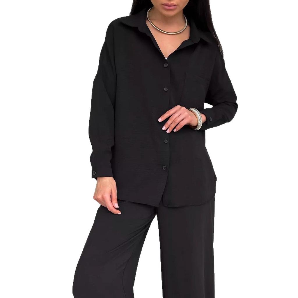 Women's 2-piece Solid Color Cardigan With Pocket Fashion Casual Wide Leg Pants Set European American Trendy Outfit