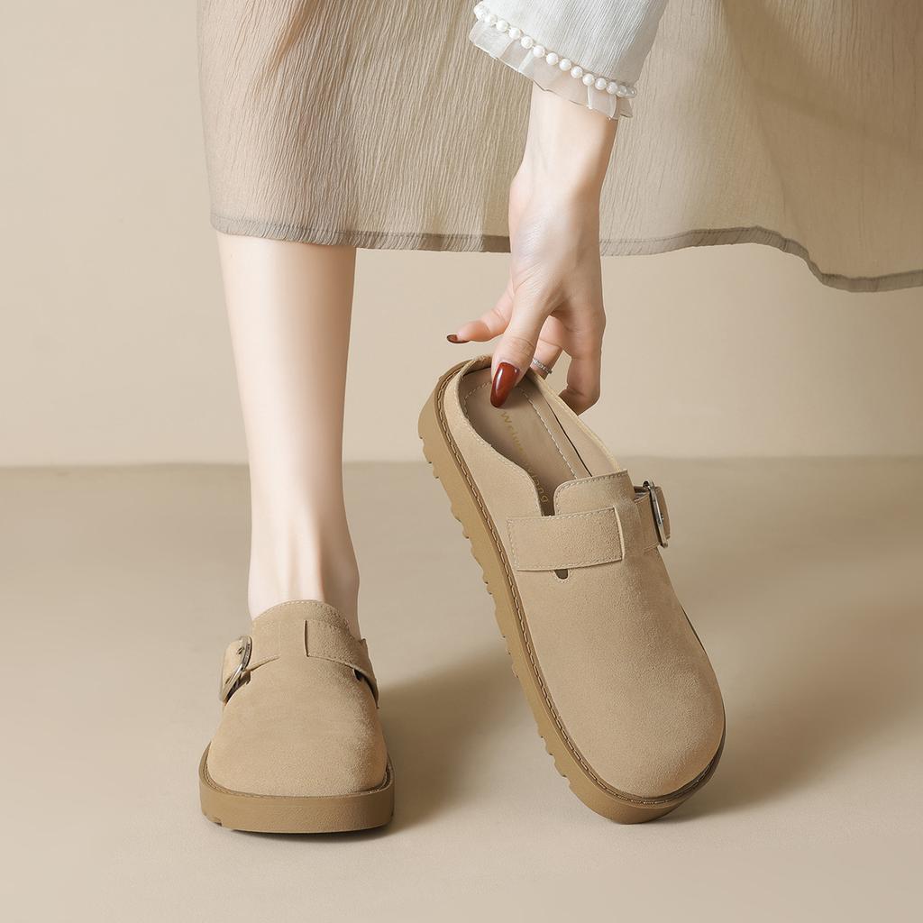Thick-soled Female Genuine Leather Toe Slippers for Women, Slippers for Lazy People, and Semi-slippers