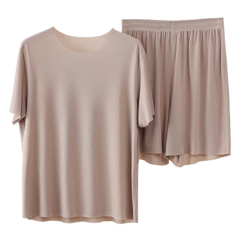 2Pcs/Set Men Loungewear O-Neck Short Sleeve Tops Elastic Waist Wide Leg Shorts Set Solid Color Ice Silk Homewear Seamless Pajama