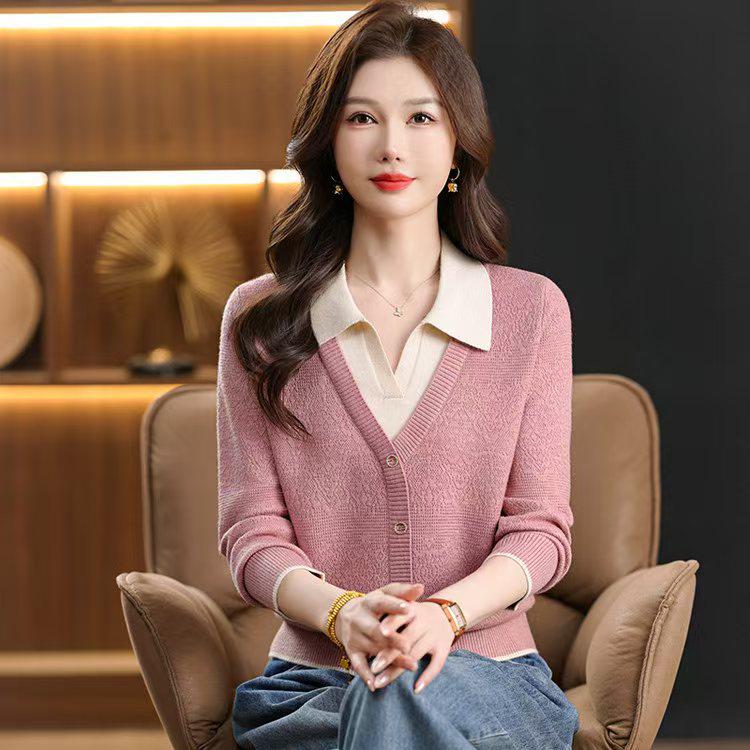 Women's Color Block Knit Sweater with Lapel and Faux Two-Piece Design