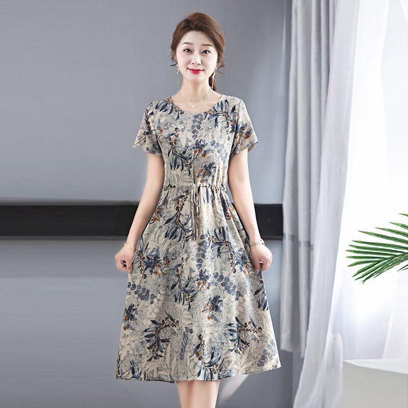 

Floral Cotton Silk Short-Sleeve Waist-Cinching Long Dress with Pockets 5XL (suggested for 75-82.5 kg)