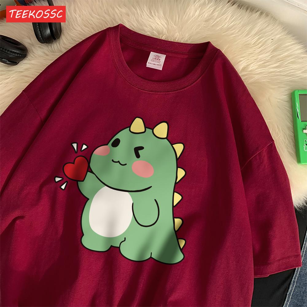 Trend Cotton WomenS TShirts Cute Little Dinosaur Confesses Love Printing Tee Shirts Soft Loose ONeck Summer Female Clothes