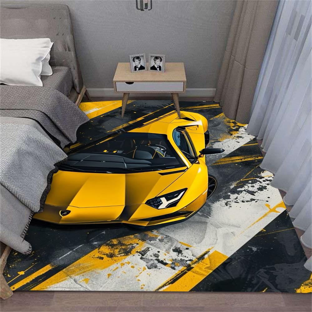 Turuncu Yarış Arabası Halısı Spor Araç Tasarımı Dinamik Desen Geniş Alan Halısı Yatak Odası Oturma Odası Zemin Matı
