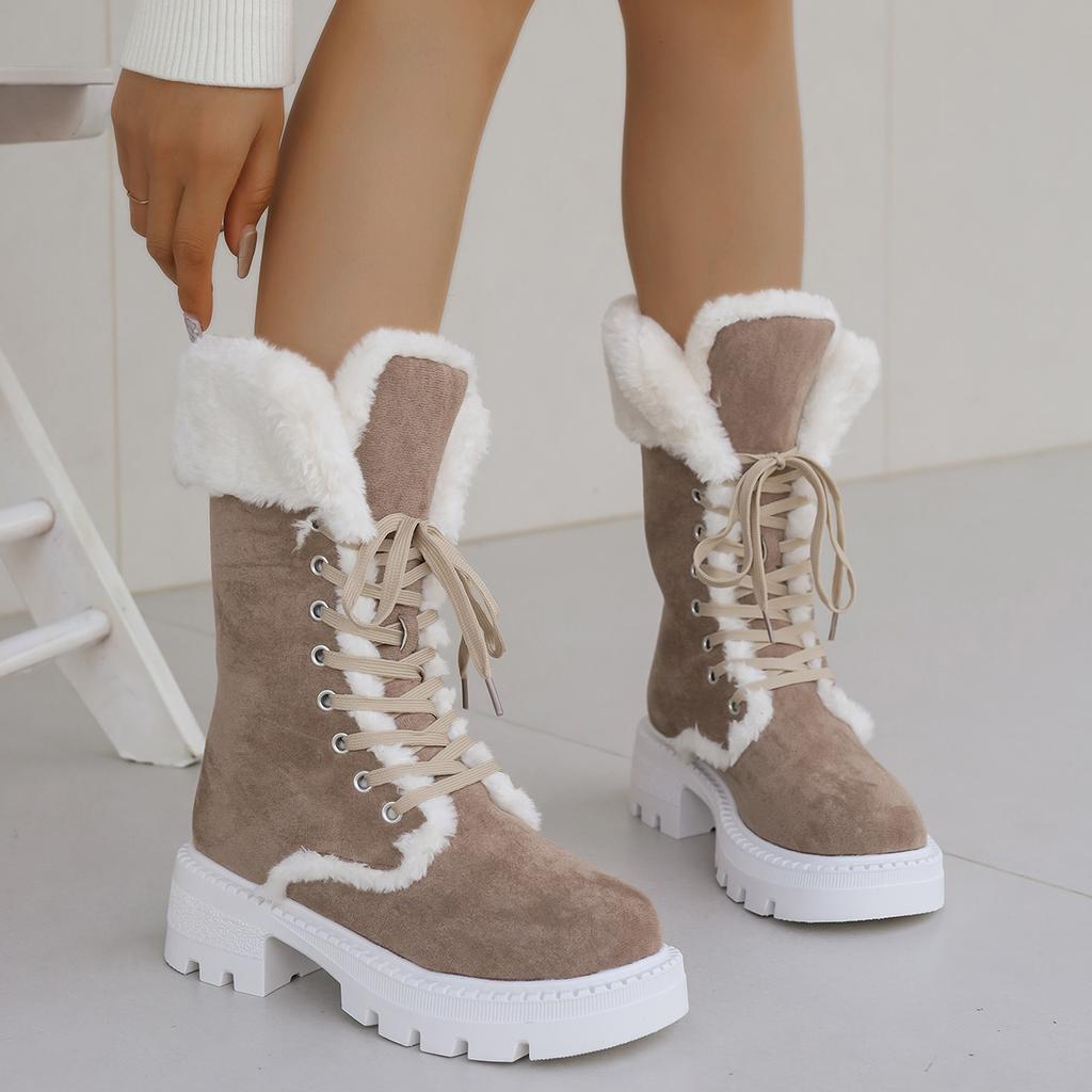Módní Zateplené Plyšové Dámské Sněhule 2025 Nové Sněhule do Poloviny Lýtka na Šněrování Platforma Kotníkové Boty z Umělé Kožešiny Dámské Zesílené Bavlněné Boty