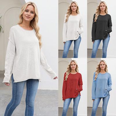 Ladies Autumn Winter Long Sleeve Round Collar Solid Color Pullover Warm Knitted Sweater Knitwear Top