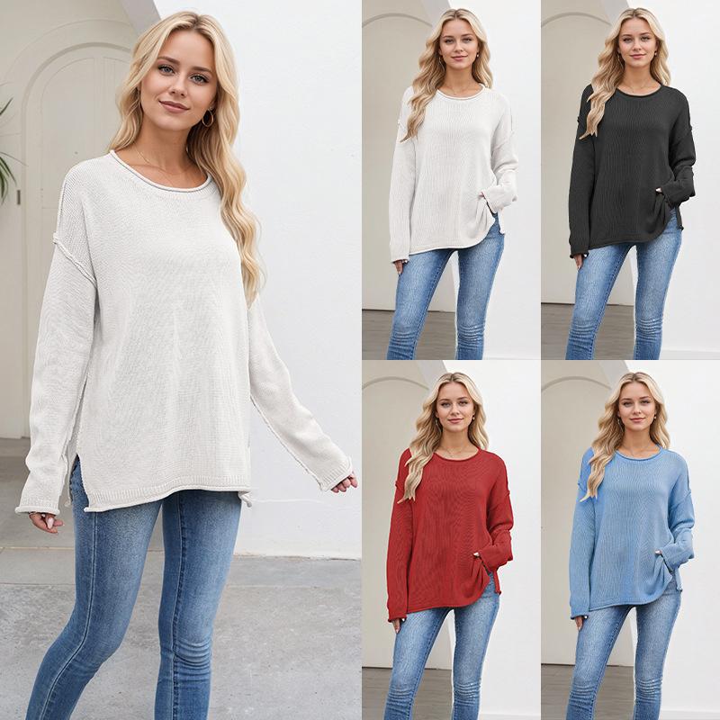 Ladies Autumn Winter Long Sleeve Round Collar Solid Color Pullover Warm Knitted Sweater Knitwear Top