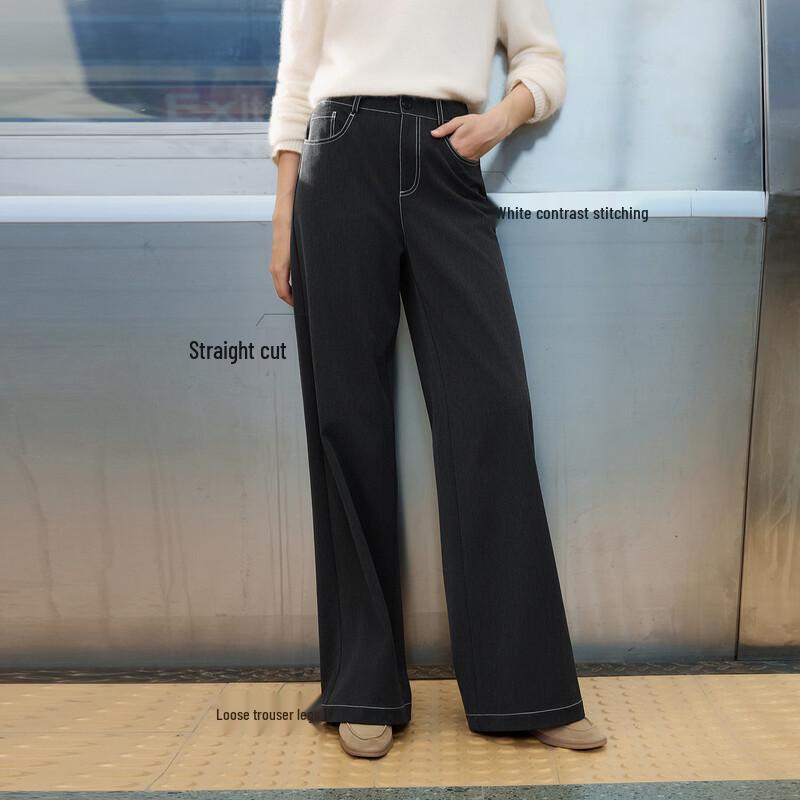 ELLE Women's French Relaxed High-Waisted Straight-Leg Pants